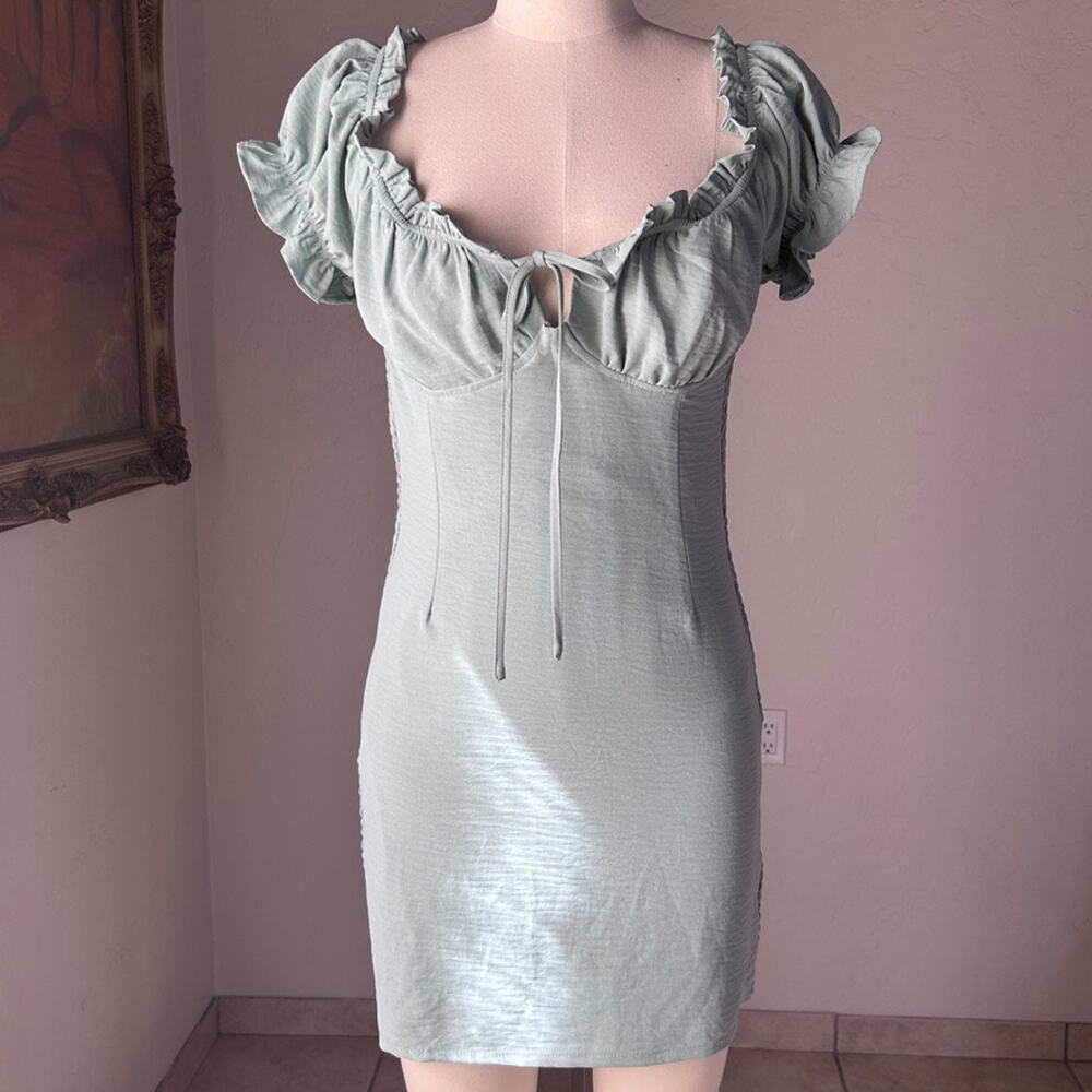milkmaid coquette puff sleeve mini dress ruched smocked romantic L sage green